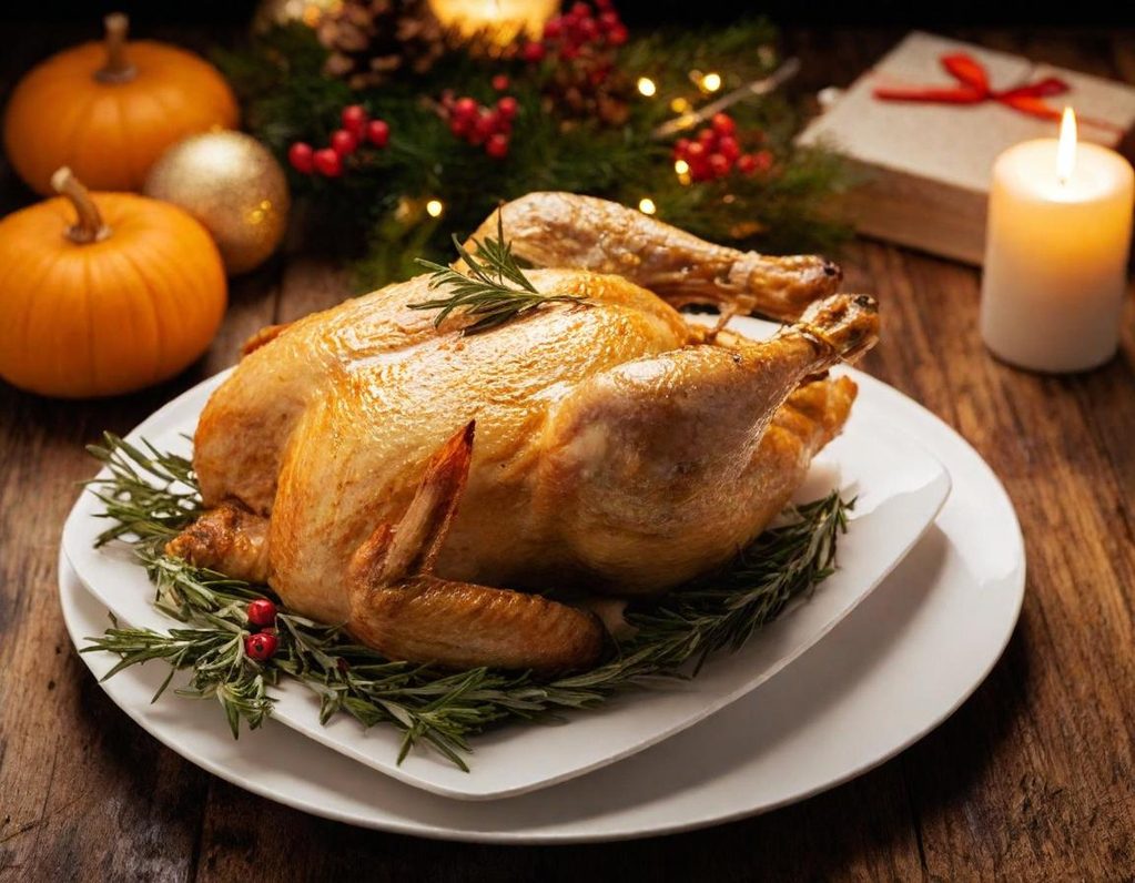 pavo de navidad Pavo dorado en una fuente blanca, decorado con hierbas y adornos festivos.